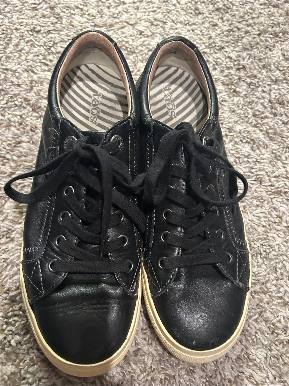 Women’s Black Leather Lace-Up Sneakers with Cream Sole